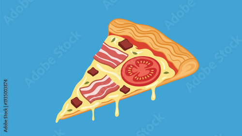 Delicious slice of pizza topped with melted cheese crispy bacon tomato and mushrooms against a bright blue background.