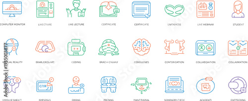 Modern colorful outline education icons set featuring live lecture webinar certificate virtual reality coding collaboration and online learning concepts