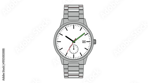 Modern silver wristwatch featuring a white face with black markers and green and red hands on a metal link bracelet.