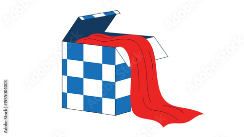 Long red cloth or fabric draped over the edge of a blue and white checkered cardboard box against a white background.