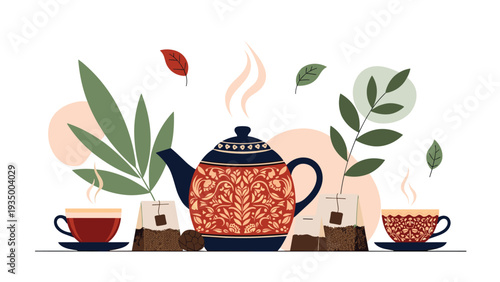 Decorative teapot surrounded by tea bags and cups of tea with herbal leaves and rising steam in a cozy and relaxing arrangement.