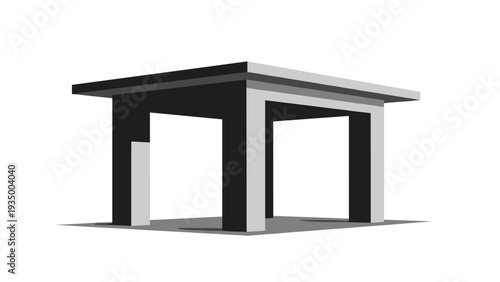 Three dimensional render of a simple dark grey table with four legs standing on a light grey surface with shadows.