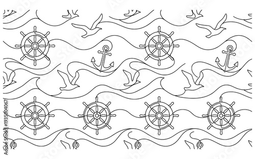 Nautical Maritime Monoline Background with Ship's Wheel and Anchor