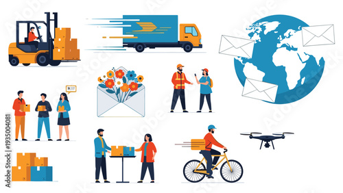 Comprehensive set of icons and illustrations representing logistics delivery shipping and global transportation services.
