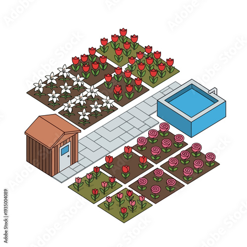Isometric garden with shed and water tank surrounded by flower beds.