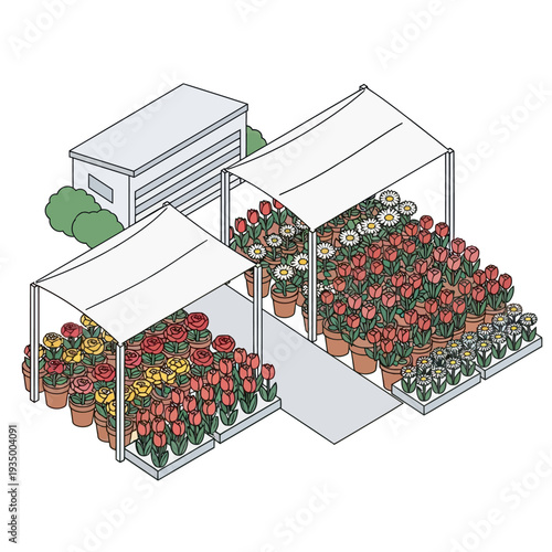 Flower nursery with various potted plants under canopies.