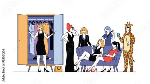Group of stylish women gathered in a large dressing room with an open wardrobe full of fashionable clothes and accessories.