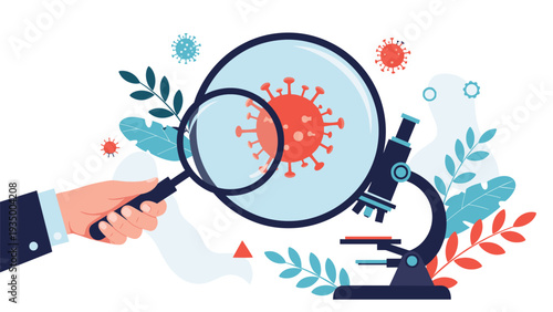 Large magnifying glass revealing a detailed red virus cell being studied by a scientist with a microscope and plants.