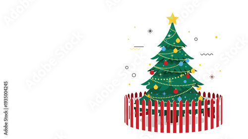 Beautifully decorated Christmas tree with a star topper standing behind a red and white picket fence in a festive scene.