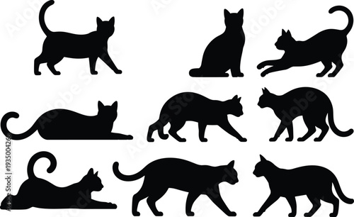Black silhouette cats in various poses and positions on a white background