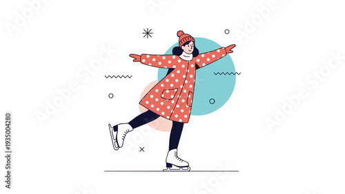 Graceful woman ice skating on a frozen surface wearing a warm red winter coat with polka dots and a matching hat.