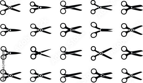 Black and white scissors arranged in a grid pattern on a white background