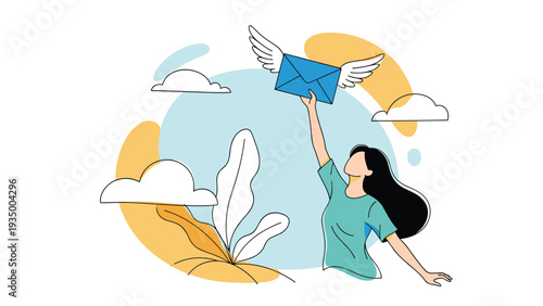 Artistic illustration of a woman reaching out to catch a blue winged envelope flying through a sky with clouds and plants.