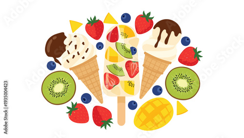 Colorful arrangement of ice cream cones a popsicle and various fresh fruits including strawberry kiwi and mango.
