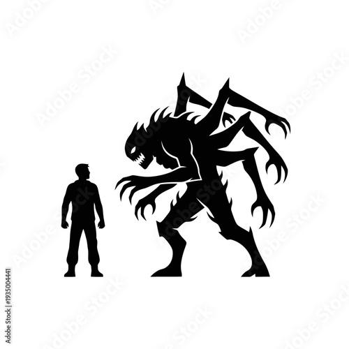 Man facing giant monster in dark fantasy scene horror gaming 