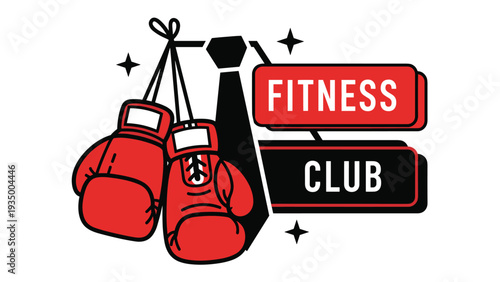 Red boxing gloves hanging from a black necktie next to fitness club signs representing corporate health and training.