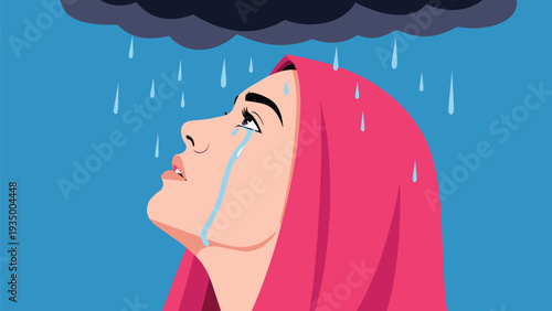 Emotional portrait of a woman in a pink headscarf crying with tears and rain falling from a dark cloud above her head.