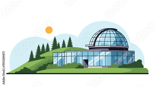 Modern glass dome observatory building stands on a lush green hill surrounded by pine trees under a clear sky and bright sun.