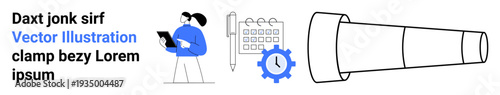 Business strategy, scheduling, planning, productivity, focus, time management. Person holding a tablet, calendar clock gear and telescope illustration. Productivity and scheduling concept