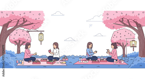 Friends enjoy a traditional Japanese hanami picnic under cherry blossom trees with food and lanterns
