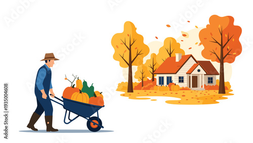 Farmer pushes a wheelbarrow full of colorful pumpkins through an autumn landscape featuring a cozy house and vibrant orange trees.