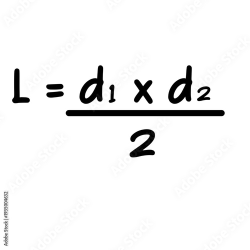 Handwritten rhombus area formula L equals d one times d two divided by two isolated background.