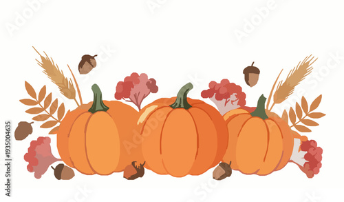 Watercolor Fall Harvest Composition Pumpkins Acorns Berries Wheat Vector