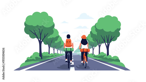 Young couple cycles down a long road lined with tall green trees carrying camping gear on their bikes for a scenic outdoor adventure.