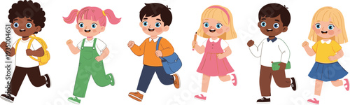 Collection of diverse happy children running to school with backpacks