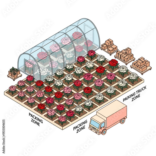 Modern greenhouse with flowers and packaging zones for efficient logistics.