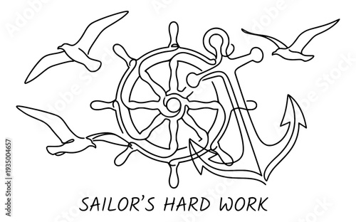 Nautical Maritime Monoline Background with Ship's Wheel and Anchor