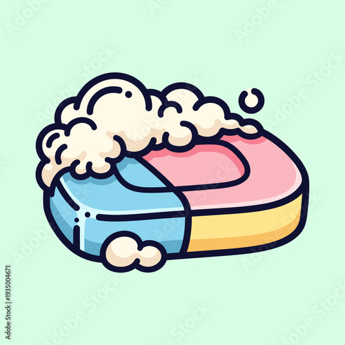 Fun Cartoon Style Illustration of a Pink Soap Bar with Bubbles