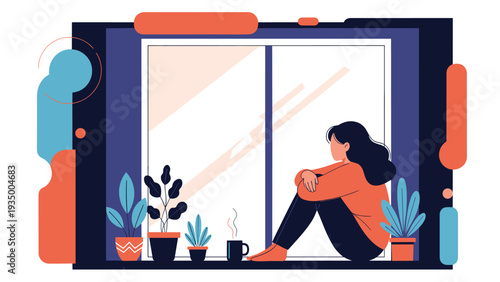 Pensive woman sits alone by a large window with her knees tucked to her chest looking out at the light with plants and a cup nearby.