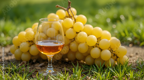 Tasting of Cognac strong alcohol drink in Cognac region, Charente with bunch of ripe ugni blanc grapes on background uses for spirits distillation and green grass, France