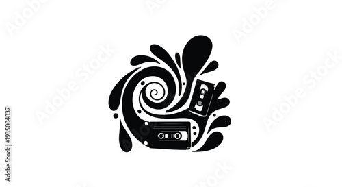 Retro audio cassette tapes swirling within a black ink splash, evoking nostalgia and music.