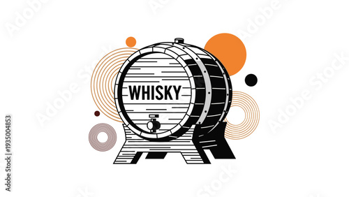Wooden whiskey barrel sits on a stand surrounded by abstract geometric circles and dots in a vintage inspired graphic design.