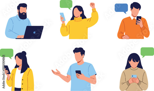 Collection of people using smartphones and laptop with speech bubbles illustration