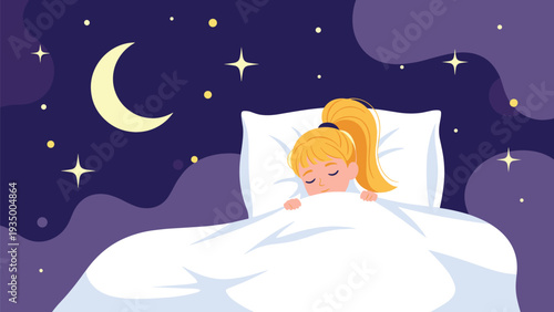 Young girl sleeps peacefully in her bed under a white blanket with a crescent moon and stars glowing in the dark night sky.