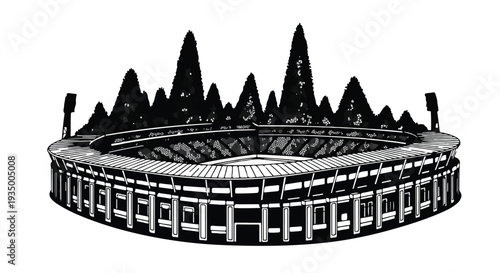 Dramatic stadium silhouette against a stylized mountain skyline, evoking grand events and epic moments.
