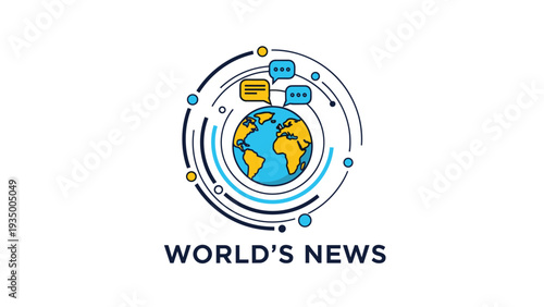 World's news logo features a colorful globe surrounded by orbits with speech bubbles and information points in a modern style.