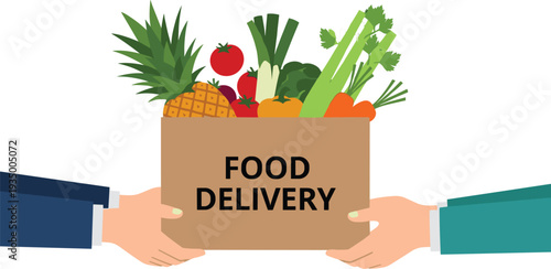 Hands holding cardboard box with fresh vegetables for food delivery concept