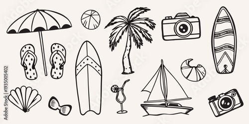 A collection of hand drawn summer vacation icons and beach essentials