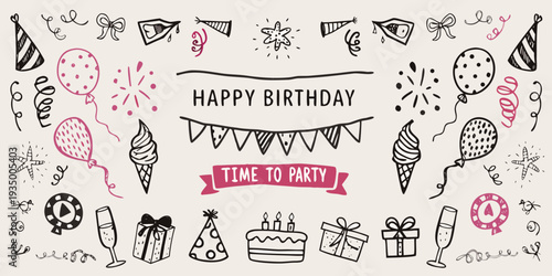Hand drawn birthday illustration featuring party elements and celebratory text