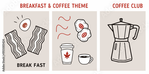 Stylized breakfast and coffee icons arranged in a three panel display