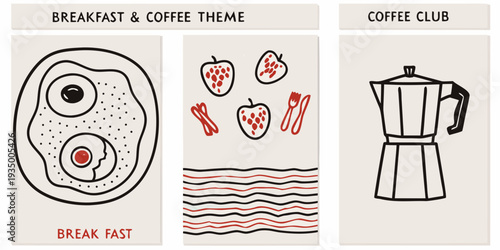 Minimalist illustrations depicting breakfast items and a coffee maker