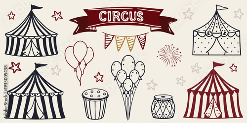 A whimsical circus illustration featuring tents balloons and festive decorations