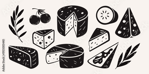 A collection of various cheeses cherries and leafy branches in black