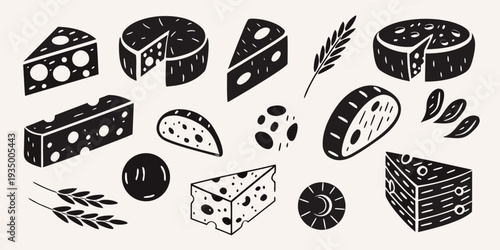 Stylized black and white illustration of various cheese types and wheat