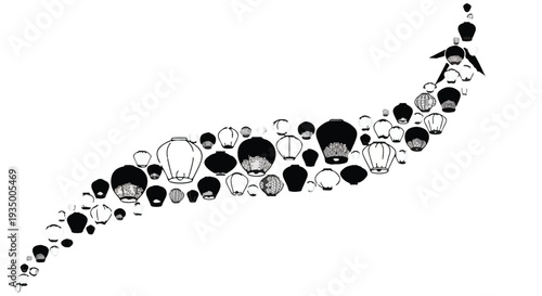 A flowing stream of diverse paper lanterns ascends into the night sky, creating a hopeful and celebratory visual.