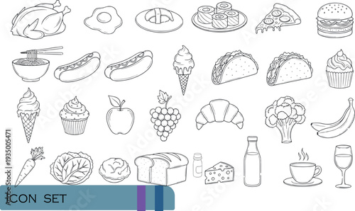 Print Hand-Drawn International Food and Drink Icon Set Featuring Fast Food Favorites Healthy Produce Bakery Items and Cafe Essentials